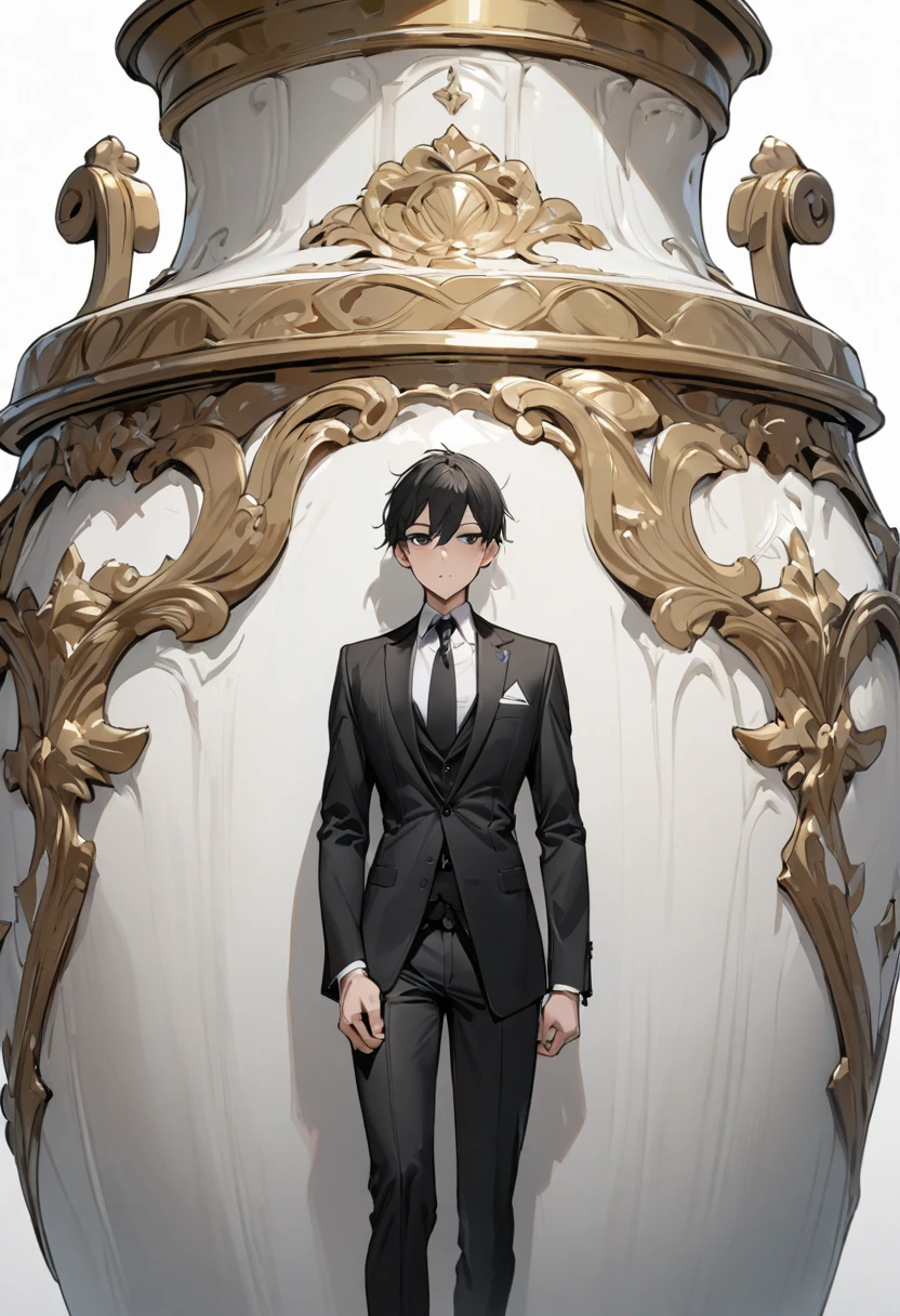  best quality, masterpiece, male, One person,  Big Black Eyes ,  black suit with urn , Dress neatly ,  frontal shot , Pure white background