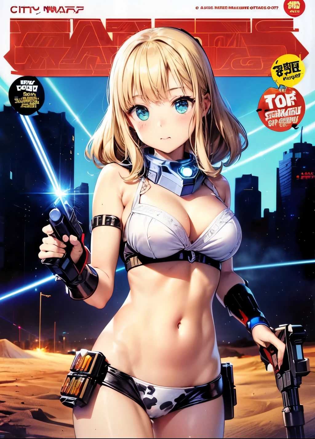 Imperial Guard Combat Uniform Swimsuit, o-ring bikini, v gundam, swimsuit, absurdres, highres, solo, cowboy shot, 1girl, neneka nibrou \(cosplay\), wristband, headphone, holster, backpack, holding gun, aiming, perfect hands, wind, small breast, (highres,best_quality,masterpiece),(1girl,solo), (Shine_h,Blonde_hair)