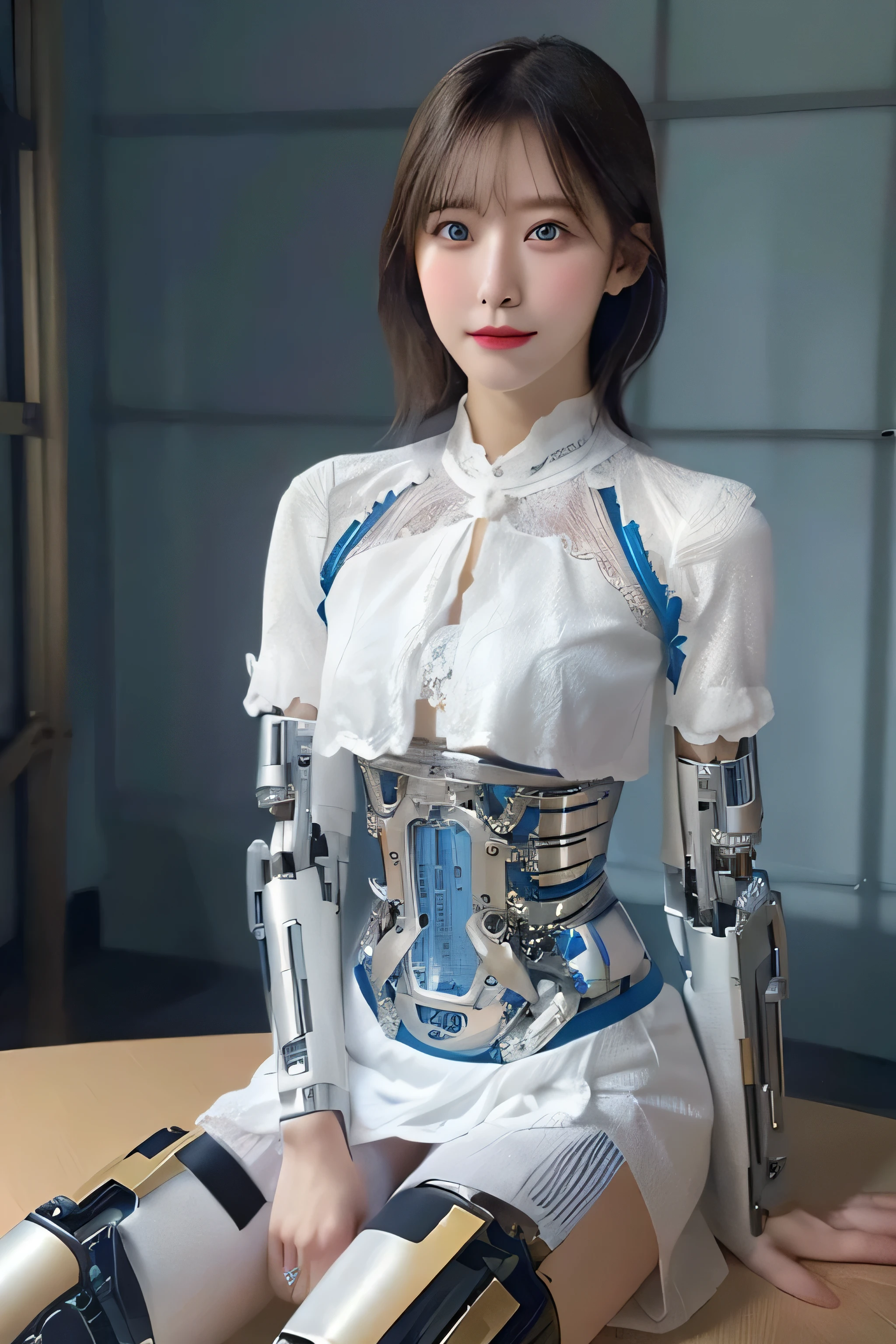 masterpiece, best quality, extremely detailed, Japanese android girl,Plump ,control panels,Mechanical Hand,Robot arms and legs, robot assembly plant,white robot body,blunt bangs,skirt,black knee high socks,sitting,blue eyes, masutepiece, Best Quality, Illustration, Ultra-detailed, finely detail, hight resolution, 8K Wallpaper, Perfect dynamic composition, Beautiful detailed cyan colored eyes, suits,Medium Hair,  Natural Color Lip, Random and sexy poses,Smile,‎Classroom、20 years girl、lifelike face、real looking skin、Realistic blue eyes、sexy, robotic neck, robotic arms and legs, deep blue eyes, robot girl, cyborg, control panels in chest, control monitor in chest, 8K, RAW photos, Best quality, Masterpiece: 1.2),(best qualtiy，8K, Yes，32K，masterpiece，hyper HD：1.2) , Generate a highly detailed and realistic 4K description of a robot woman in a career suit, emphasizing every detail, from her attire to the surrounding environment, skinny body, perfect body, beautifull face, asian face, glowing skin, cyborg girl, deep blue eyes, android robot, mechanical details, japanese robot girl, robotic chest, add chest monitor, perfect blue eyes, control panels, japanese android woman,perfect robot girl,long tube,thick cable connected her neck,android,robot,humanoid,cyborg, korean cyborg girl ,chest monitor