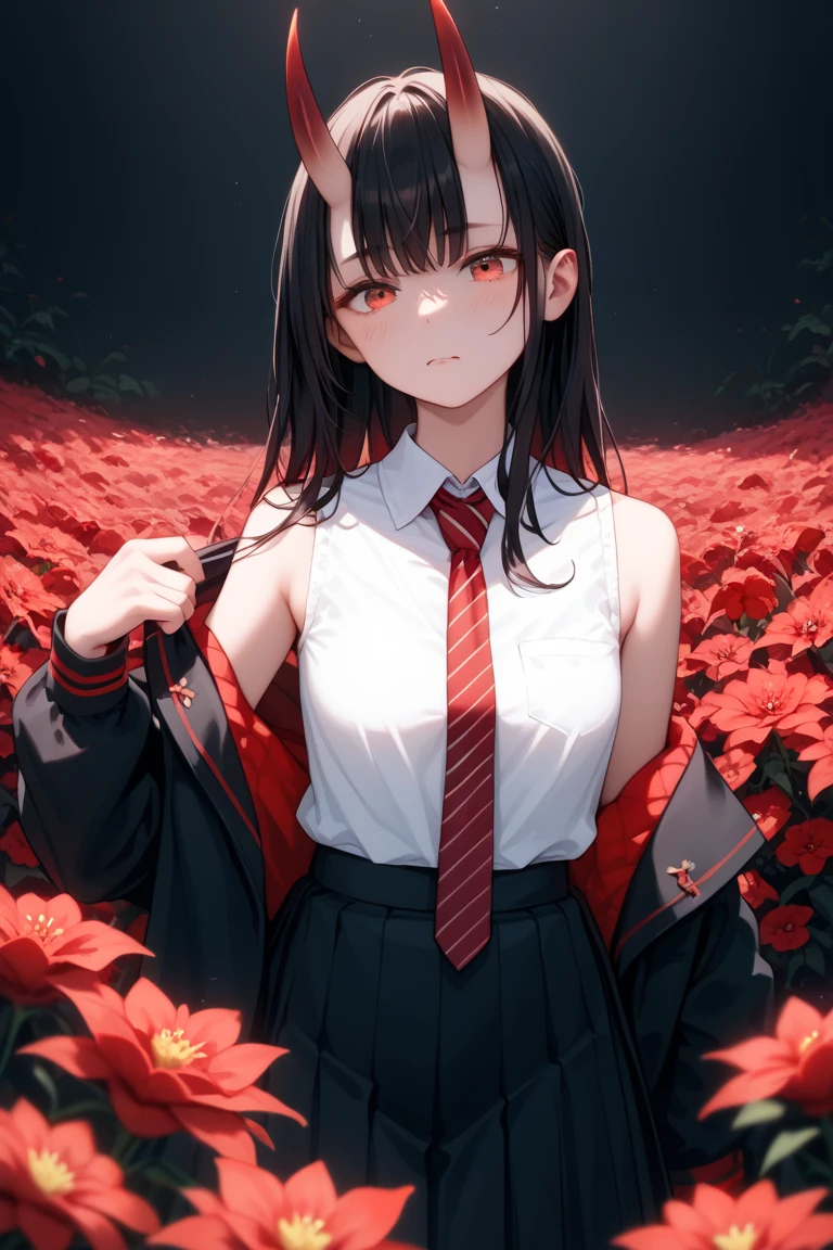 ((black hair, long hair, uniform hair color, straight hair, hair down to the bottom, the inside of the hair is grayish)), ((red horns, horns like oni or ogres, straight horns, two horns)), red eyes, ((school uniform, white sleeveless shirt, burgundy tie, black skirt, black jacket, jacket with bronze edging, jacket hanging on the elbows)), woman, facing the viewer, ((best quality, high quality)), ((dark light, dark background, red flowers of Lycoris radiant)), standing, ((head:1, hips, elbows, in sight)), a masterpiece