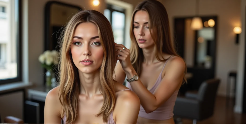 A cozy hair salon scene where a woman with long, chestnut brown hair streaked with blonde highlights sits in a stylist's chair. Her hair is being cut into a chic, shoulder-length bob with soft, face-framing layers. The stylist works with precision, scissors poised mid-snip, while loose strands of hair scatter on the floor. The woman’s expression is calm yet resolute, her posture relaxed but upright, signaling quiet determination. The salon is warmly lit, with mirrors reflecting both her transformation and the stylist’s focused work. A large window lets in natural light, adding a gentle glow that accentuates her evolving look. The scene captures the symbolic act of change and newfound confidence. anti, Gaia