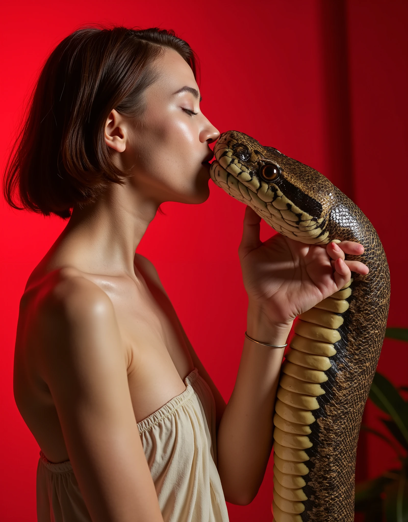  incredibly epic hot kiss by a cute 20 year old European girl with short hair (Audrey Hepburn, ann hathaway ) with a snake (big , big king cobra ), kiss a girl and a cobra lips to lips , red plat side view , incredible facial detail ,  maximum detail of snake scales ,  photorealistic shot ,close angle,  focus on kiss , incredible shot ,a light dress 