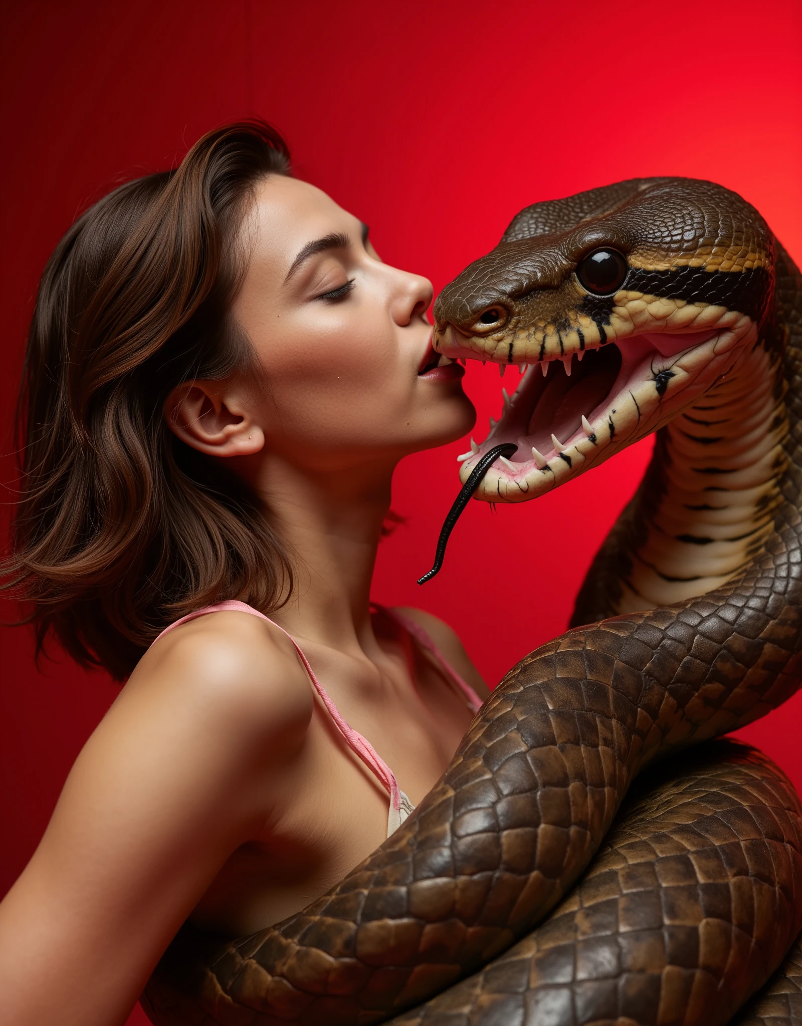  incredibly epic hot kiss by a cute 20 year old European girl with short hair (Audrey Hepburn, ann hathaway ) with a snake (big , big king cobra ), kiss a girl and a cobra lips to lips , red plat side view , incredible facial detail ,  maximum detail of snake scales ,  photorealistic shot ,close angle,  focus on kiss , incredible shot ,a light dress 