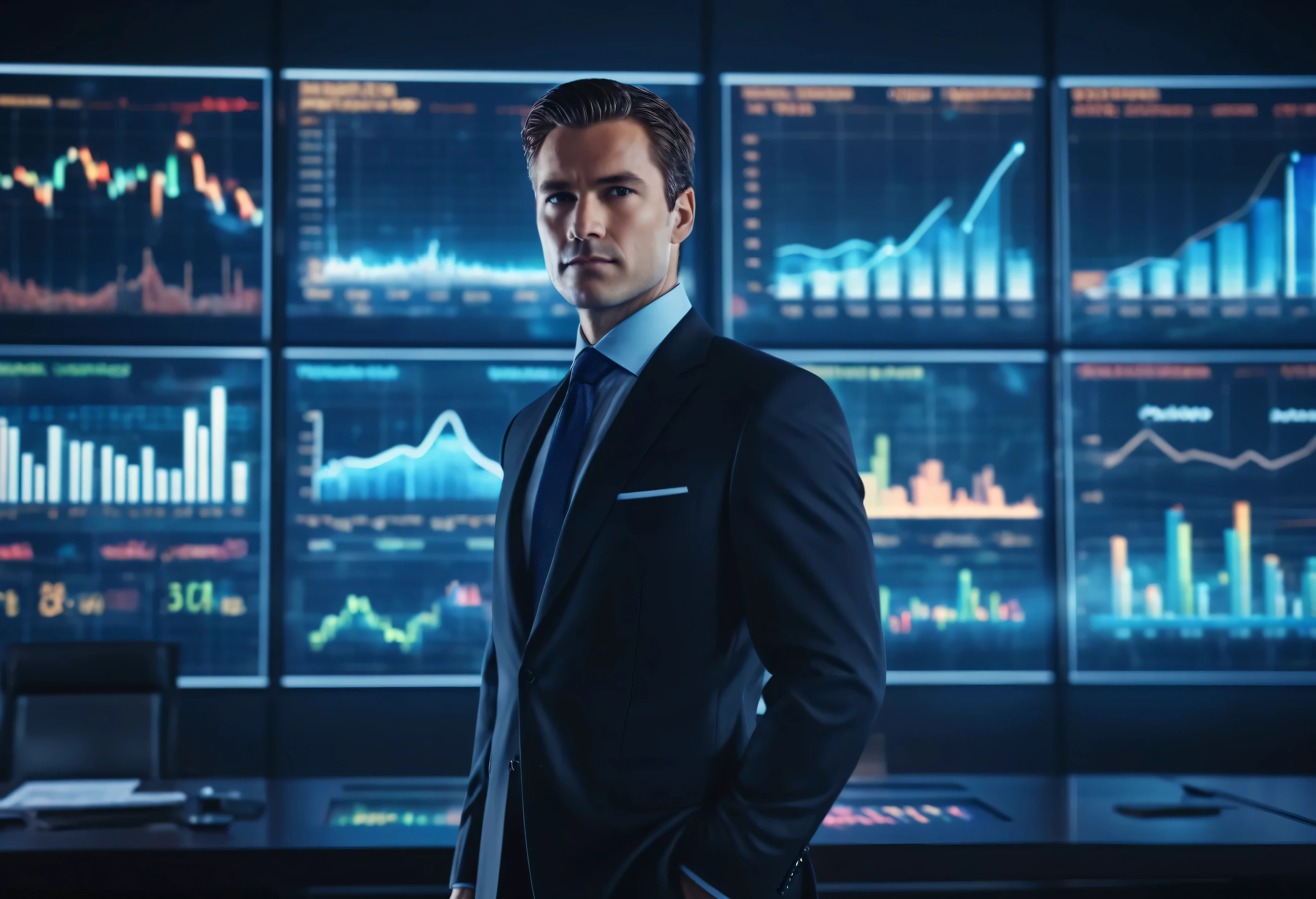 A businessman in a tailored dark suit, stands confidently against a backdrop of glowing financial data charts and graphs, 8k, photorealistic, highly detailed, cinematic lighting, dramatic composition, masterpiece, ultra-detailed, sharp focus, physically-based rendering, professional,highly detailed, high budget, bokeh, cinemascope, moody, epic, gorgeous,j_background