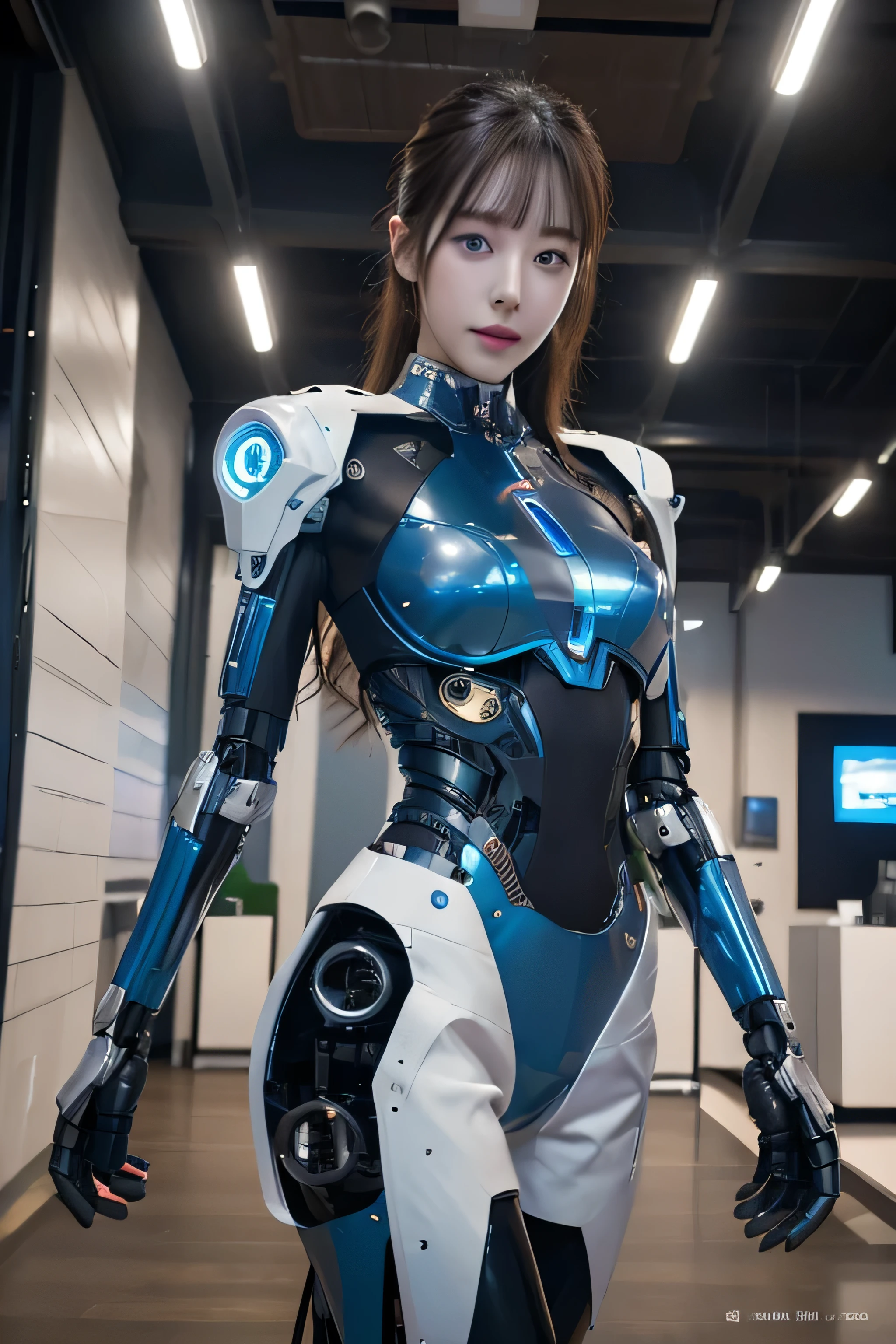 (Photorealistic:1.4), (Raw photo)masutepiece, Best Quality, Extremely detailed, (Photorealistic:1.4), (8K, 4K, Best Quality, hight resolution, 超A high resolution:1.1), 8K Portrait,1girl in, Japanese android girl,Plump , announcer,control panels,android,Droid,Mechanical Hand, ,Robot arms and legs, Black hair,Mechanical body,Blunt bangs,White Robotics Parts,perfect robot woman,Charging spot,Long Tube,A thick cable was connected to his neck.,ceramic body ,Mechanical body, mechanical ear covers,android,robot humanoid,a bit Chubby,pantiy,complete eyes,Perfect machine body,White robot body,The laboratory of the future,android factory,mechanical ear covers,White and light blue uniform,light blue accent costume,