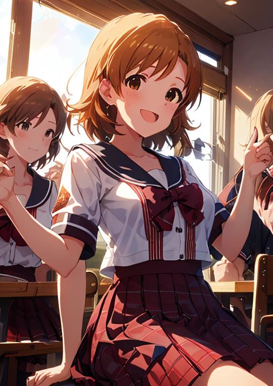  ( The Idolmaster), ( best quality, 8k, masterpiece,  several people having fun with each other while having very detailed :1.4), ( lens flare , Particles of light, Shine), Big Breasts, smile,  open your mouth, masterpiece,  best quality,  several people having fun with each other while having very detailed ,  Hi-Res,  several people having fun with each other while having very detailed なCG, masterpiece,  Official Art, from below ,   perfect body,  red check skirt ,  sailor suit,   knight , School scene