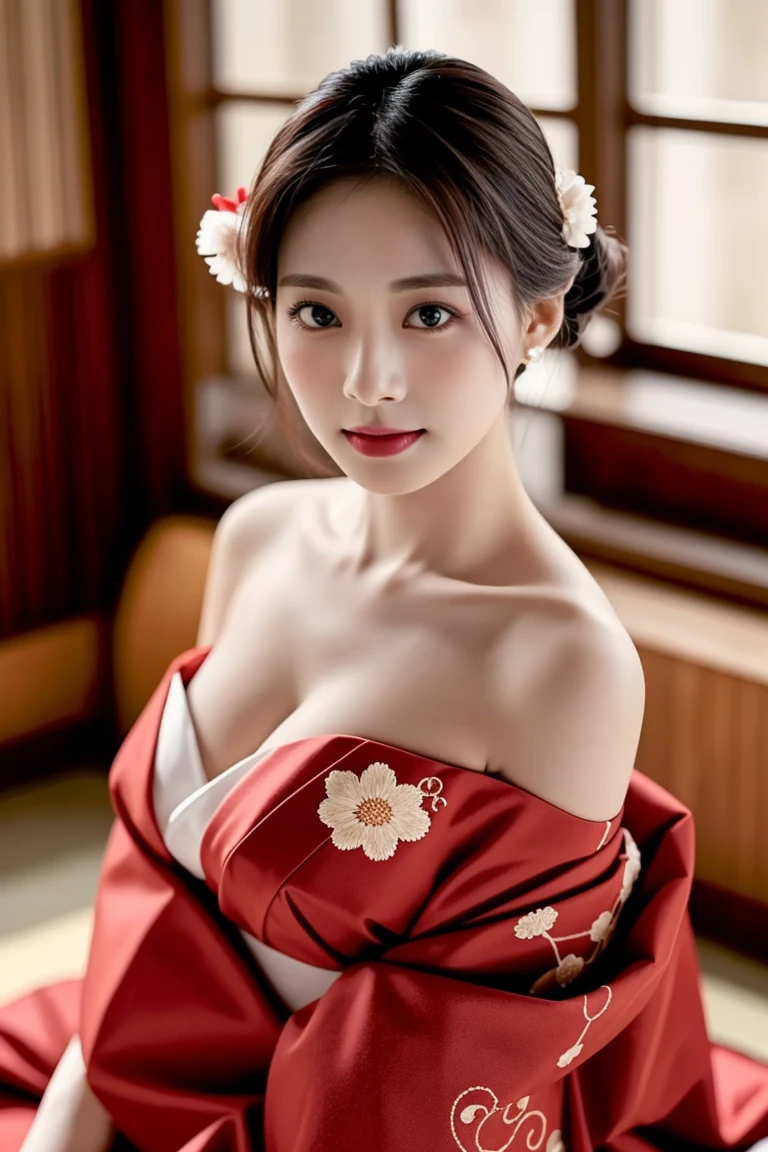 Elegant Japanese geisha with a curvy figure, 28 years old, height 162cm,
 voluptuous traditional beauty (92-62-90 cm), ample E-cup bosom, slender 62cm
 waist, full 90cm hips, oval face with high cheekbones, almond-shaped eyes (deep
 brown, RGB: 39, 26, 17) with single eyelids, straight nose, small mouth with full lips,
 porcelain-white skin (RGB: 248, 240, 232), elaborate traditional nihongami hairstyle
 with kanzashi hair ornaments (gold and red), white face makeup with red lips (RGB:
 203, 40, 33) and black eyebrows, wearing a luxurious furisode kimono in deep red
 (RGB: 153, 27, 30) with gold embroidery, kimono slightly open revealing pale
 shoulder and hint of cleavage, red obi sash accentuating waist, sitting gracefully in
 seiza position on tatami floor, in a high-end traditional tea house setting with shoji
 screens and ikebana arrangement, soft diffused lighting through rice paper screens,
 artistic portrait emphasizing traditional beauty with a hint of sensuality, shot with
 Fujifilm GFX 100S medium format camera, 110mm f/2 lens, ISO 400, 1/60 sec,
102MP resolution, attention to intricate textures and subtle skin tones--ar 3:4--q 2--s 950--v 6.0--style raw