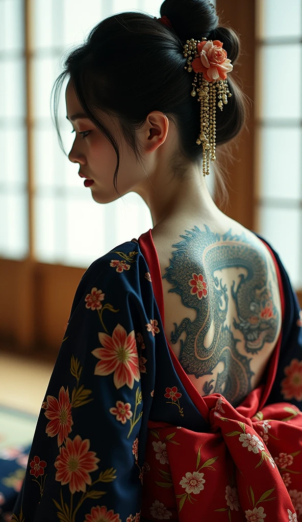 (best quality,highres:1.2), (photorealistic:1.4),low angle portrait, seen from back, yakuza girl soaking on onsen in the lost city,look at viewer,detailed face,beautiful detailed grey blue eyes,beautiful detailed lips,seductive smile,eyebrows well-groomed,long eyelashes, perfect nice face with soft skinice face, clear skin ,natural blush,slim body posture, exposed shoulder,intricate detailed and vibrant irezumi tattoo on back body,elegant and intricate jewelry,delicate necklace and earrings,traditional hair accessories,short hair with bangs,shiny gemstones,soft and flawless makeup,soft and natural lighting,subtle shadows on the face,radiant and vibrant colors,photorealistic rendering, photon mapping, foggy and dramatic atmosphere