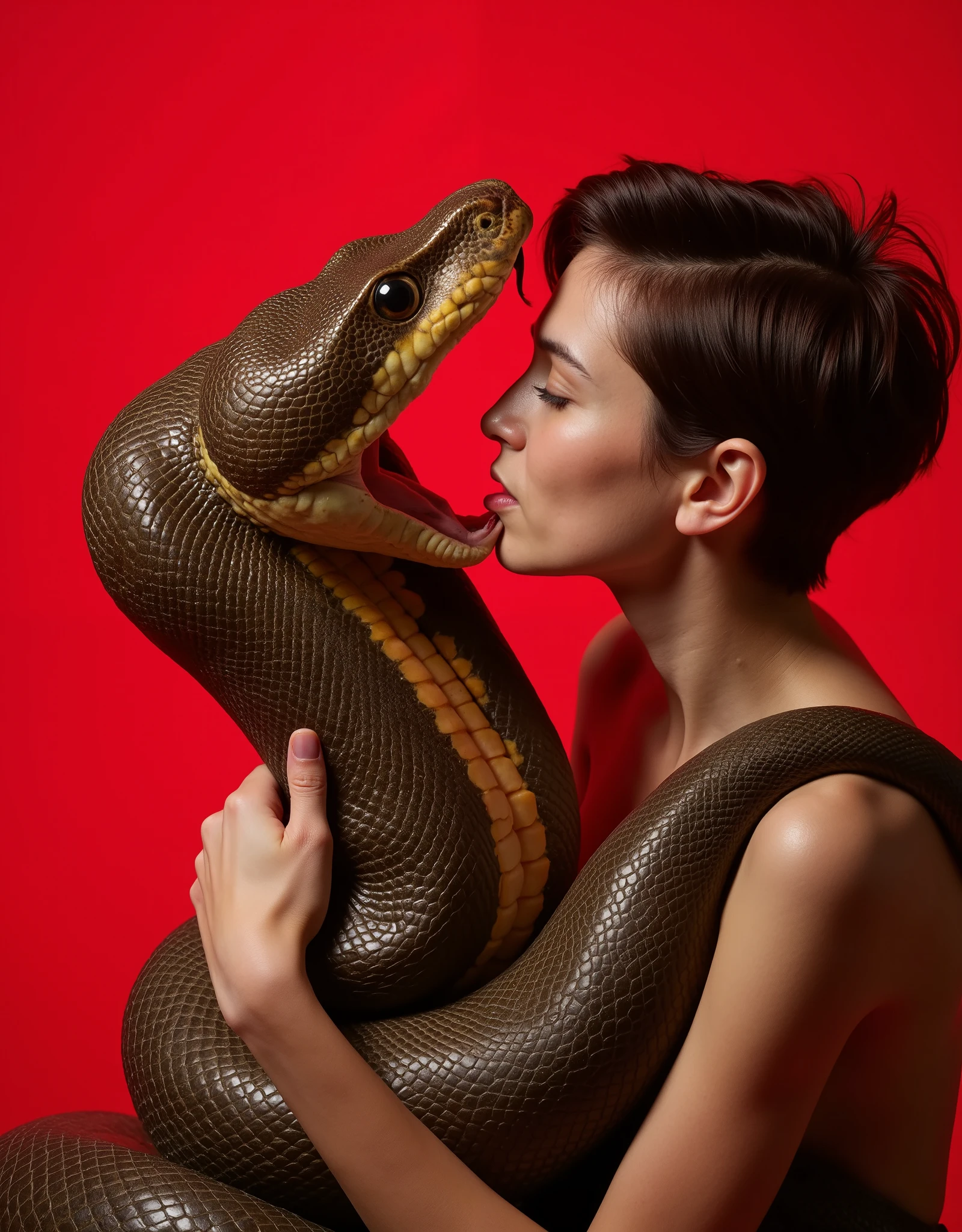  incredibly epic hot kiss by a cute 20 year old European girl with short hair (Audrey Hepburn, ann hathaway ) with a snake (big , big king cobra ), kiss a girl and a cobra lips to lips , red plat side view , incredible facial detail ,  maximum detail of snake scales ,  photorealistic shot ,close angle,  focus on kiss , incredible shot ,a light dress 