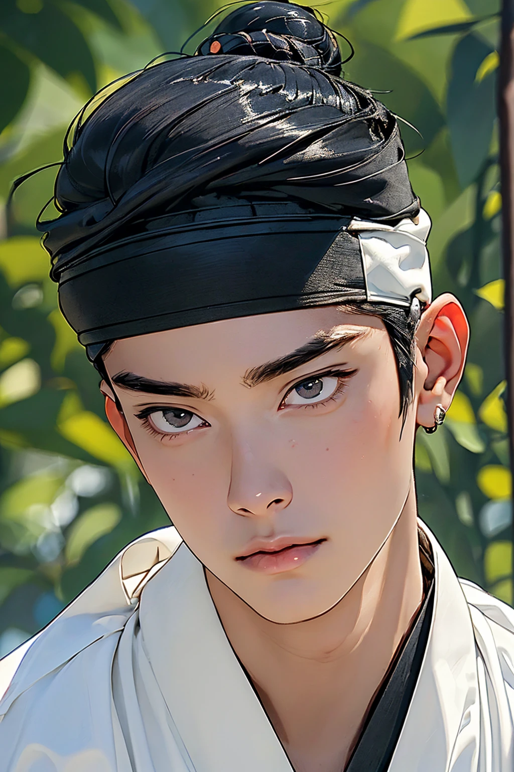 (absurdres, highres, masterpiece, best quality, ultra-realistic,ultra-detailed,(beautiful detailed face and eyes and hair:1.1),handsome,asian man,muscular,black hair,black eyes,datailed face,topknot,see-through headband,white hanbok,little sad,upper body, day of sea