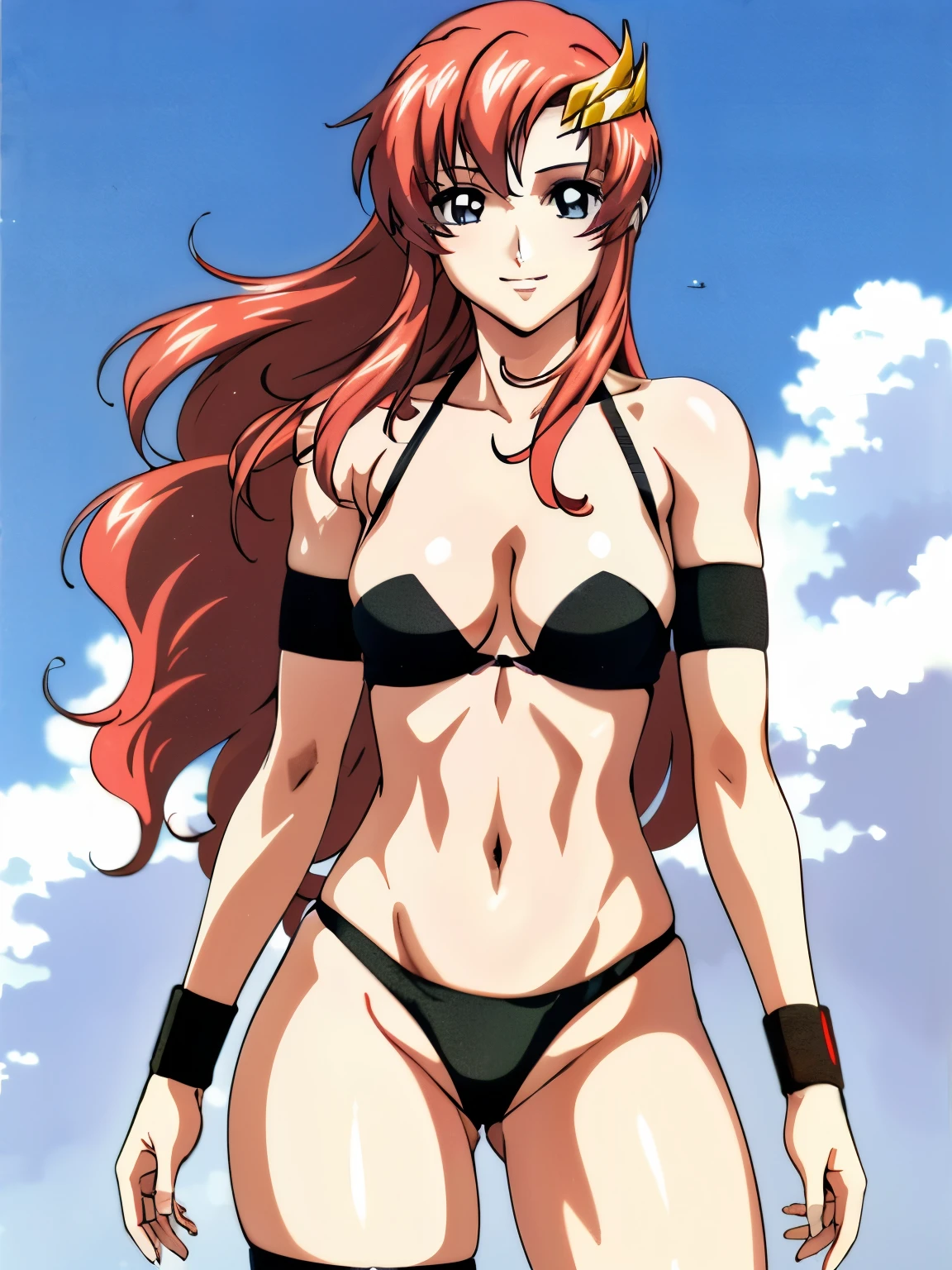 lacus4, (black bikini:1.5), (running, thong, (tall girl:1.5), (biceps:1.1), (hair details:1.3), (pale skin:1.2), (face details:1.0), masterpiece, cowboy shot, very slim shoulders, 4K, (Best Quality:1.2), Anime style: 1.9, happy, Adult Woman, (ultra detailed head), (cloud background), Drawing lines, high resolution, lacus4), 1girl, Solo, curvy figure, clavicle, scapular, (missy bangs:1.4), (missy bangs, long hair, Detailed reddish-pink hair, shiny streaks, slim arms), (wristband:1.4), (cleavage:1.6), large hands, (hair cover shoulders). (Big blue eyes, shiny eyes), ((female wrestler, (slim body), slim arms, thighs)), ((perfect proportions, medium thighs, long belly)), ((totally red bra, leg strap)), (medium-small breasts:1.5), smile with a wink, (standing, hot colors), detailed fingers, (bare shoulder), (windy:1.0), (bare hair:1.7)
