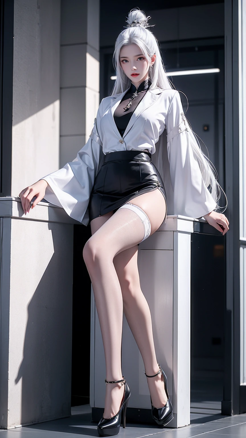 Domineering female CEO，，White hair，长White hair，In the office，Full body image， black pantyhose ，High heel，Wearing glasses，long law，High Aims， wearing a black suit，Short skirt