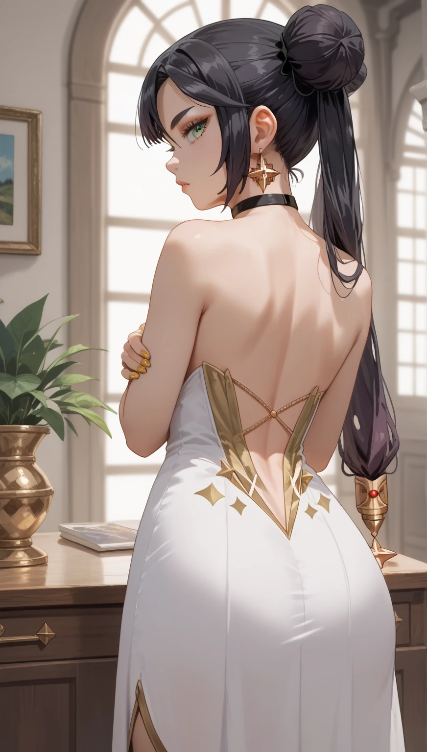 masterpiece,Ultra HD,BREAK alone, Mona XL, Long black hair, Green Eyes, tsurime, Twin tails, Medium Chest, gold jewelry, choker, makeup, hair bun, earrings, golden nail polish, white dress, cowboy shot, looking back, from behind, indoors
