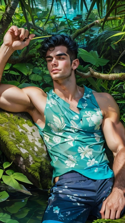 Tall young adult ,  handsome with toned muscles ,  unruly black hair ,  wearing a sleeveless aquamarine shirt that highlights his pectorals,  electric blue Hawaiian shorts ,  sitting under a mangrove with water up to the knees .