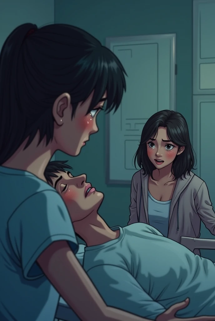 A mother who is about to give birth with sadness and a very tired and exhausted father, animation