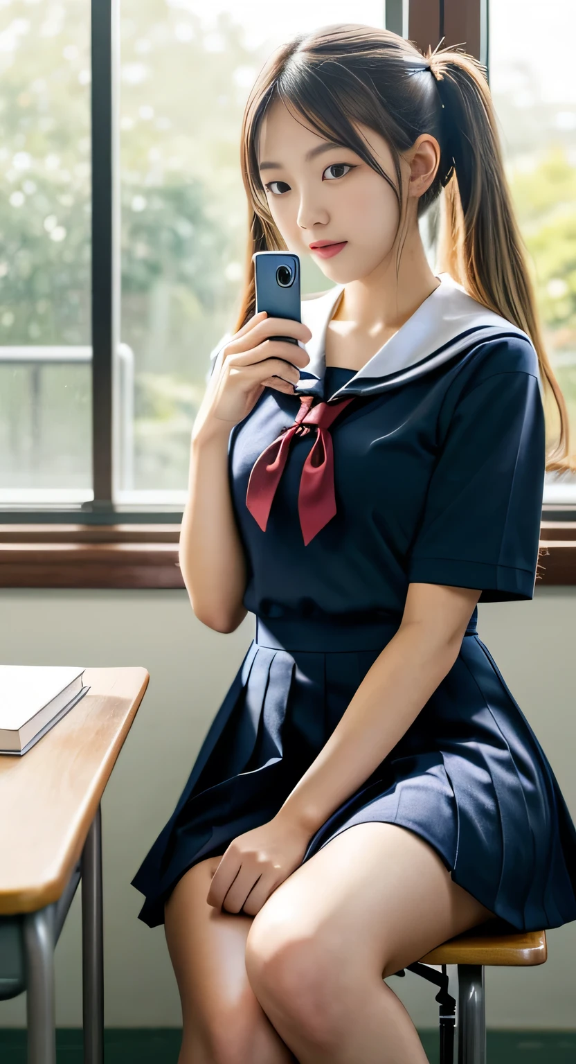 (extremely detailed CG unity 8k wallpaper,masterpiece, best quality, ultra-detailed),school classroom setting,sunlight filtering through trees,beautiful blonde high school girl with twintails and ahoge(D-cup),smartphone in hand,fidgeting with it,beautiful black-haired high school girl,thin and flat-chested, wearing sailor uniform,sitting on chair and having conversation with blonde girl who is sitting on desk,in the evening.