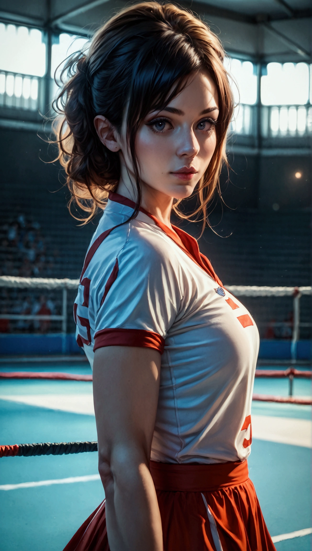 score_9, score_8_up, score_7_up, photo, photorealistic, woman in badminton uniform, indoor, daylight, full body shot from below