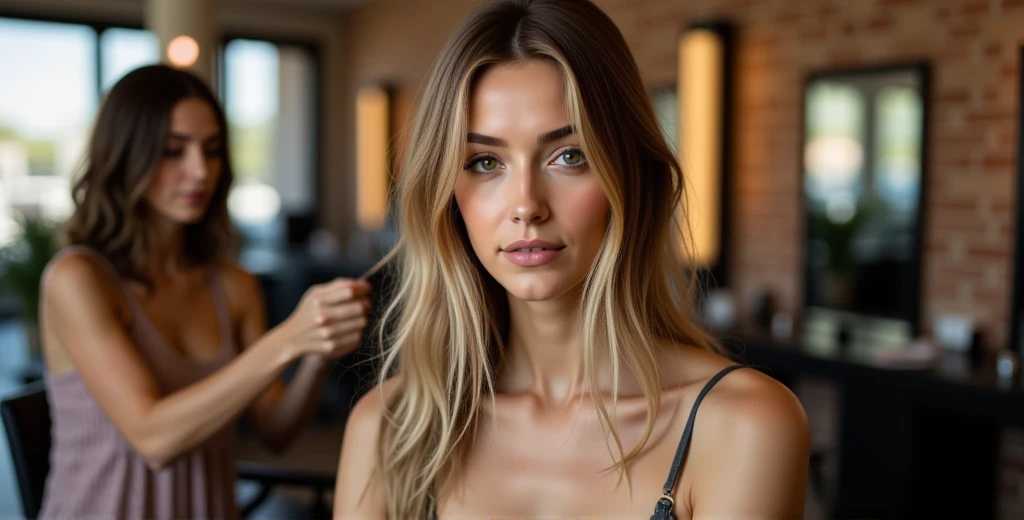 A cozy hair salon scene where a woman with long, chestnut brown hair streaked with blonde highlights sits in a stylist's chair. Her hair is being cut into a chic, shoulder-length bob with soft, face-framing layers. The stylist has completely different features from Gaia, and is over 40 years old, short black hair have a works with precision, scissors poised mid-snip, while loose strands of hair scatter on the floor. The woman’s expression is calm yet resolute, her posture relaxed but upright, signaling quiet determination. The salon is warmly lit, with mirrors reflecting both her transformation and the stylist’s focused work. A large window lets in natural light, adding a gentle glow that accentuates her evolving look. The scene captures the symbolic act of change and newfound confidence. anti, Gaia