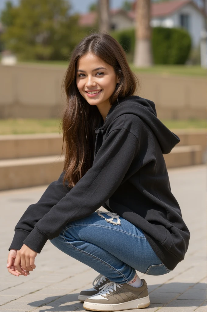 a beautiful 27 year old European girl with long brunette straight hair, wearing a baggy hoody, jeans, and sneakers, smiling solo, (best quality,4k,8k,highres,masterpiece:1.2),ultra-detailed,(realistic,photorealistic,photo-realistic:1.37),female portrait,intricate details,natural lighting,cinematic,warm color palette, crouching 