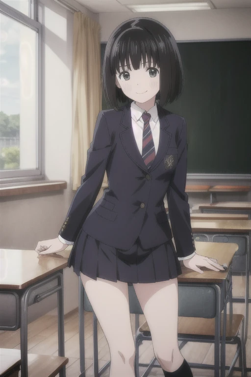 Alone,  1 girl,  Viewers, 2D, Anime, Anime coloring, whole body, (classroom:1.3), Kogma, blazers, tie,  miniskirt that snaps around the knee、smile