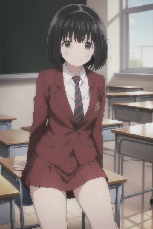 Alone,  1 girl,  Viewers, 2D, Anime, Anime coloring, whole body, (classroom:1.3), Kogma, blazers, tie,  miniskirt that snaps around the knee、smile