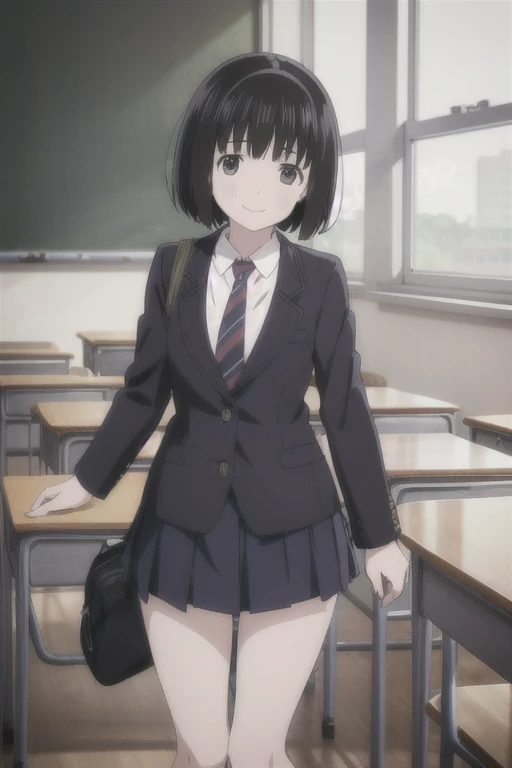 Alone,  1 girl,  Viewers, 2D, Anime, Anime coloring, whole body, (classroom:1.3), Kogma, blazers, tie,  miniskirt that snaps around the knee、smile