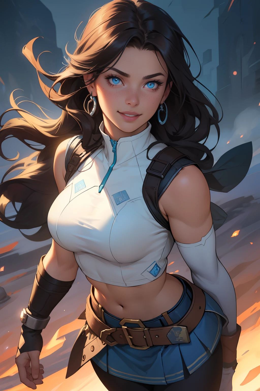 Korra da avatar,(best quality, 4K,8k,high resolution,work of art:1.2)(weather: showing), tundra background, artic village, wide hips, long curly hair, brown hair, freckles, sleeveless crop top, fur belt, bodycon winter skirt, leggings, winter boots, elbow long gloves, light makeup, dark eyeliner, blush, flirting pose, earrings, glowing eyes, ultra detailed, portrait, realistic, beautiful detailed blue eyes, beautiful detailed lips, extremely detailed eye and face, long eyelashes,average, large breasts, flying hair, beaming smile, sexy smile, powerful girl, bright coloured, dramatic lighting, blue flames,