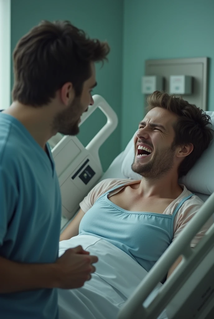 Young Man with injurys on stretcher in hospital talking with another injured man on stretcher 
