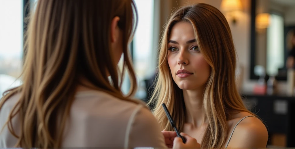 A cozy hair salon scene where a woman with long, chestnut brown hair streaked with blonde highlights sits in a stylist's chair. Her hair is being cut into a chic, shoulder-length bob with soft, face-framing layers. The stylist has completely different features from Gaia, and is over 40 years old, short black hair have a works with precision, scissors poised mid-snip, while loose strands of hair scatter on the floor. The woman’s expression is calm yet resolute, her posture relaxed but upright, signaling quiet determination. The salon is warmly lit, with mirrors reflecting both her transformation and the stylist’s focused work. A large window lets in natural light, adding a gentle glow that accentuates her evolving look. The scene captures the symbolic act of change and newfound confidence. anti, Gaia