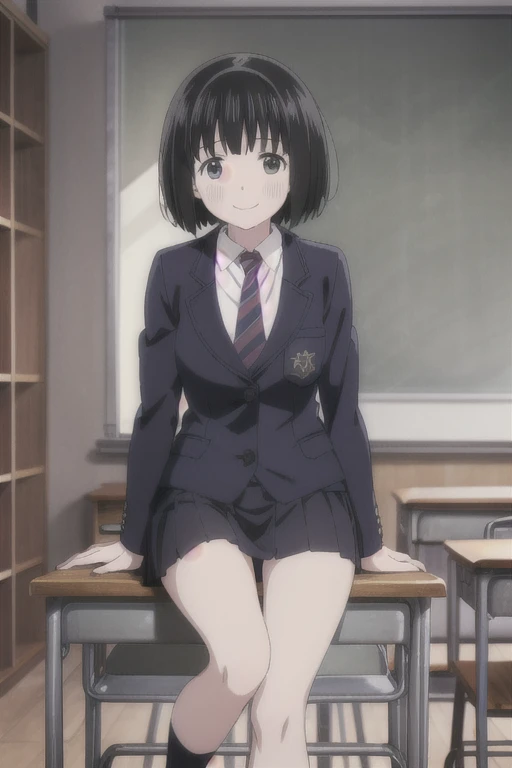 Alone,  1 girl,  Viewers, 2D, Anime, Anime coloring, whole body, (classroom:1.3), Kogma, Navy blazer, tie,  miniskirt that snaps around the knee、 sit on a chair、smile