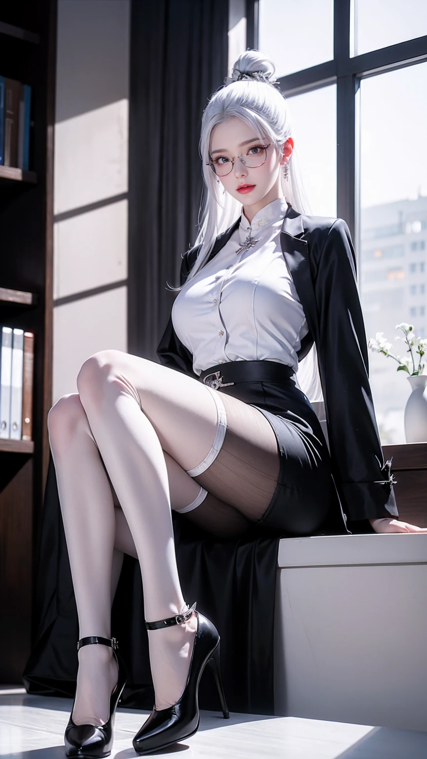 Domineering female CEO，，White hair，长White hair，In the office，Full body image， black pantyhose ，High heel，Wearing glasses，long law，High Aims， wearing a black suit，Red skirt，Pregnant，maternal，baby