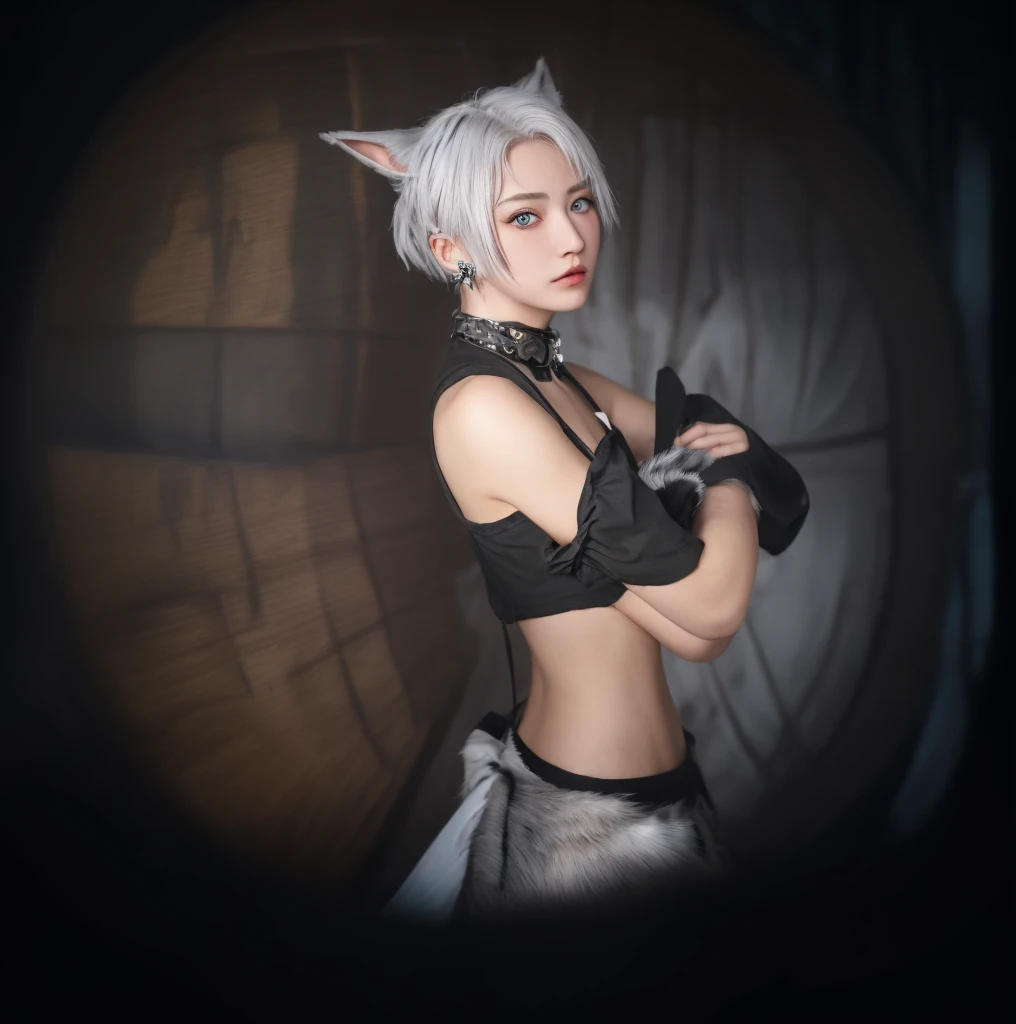 Extreme Detail CG Unity 8K wallpaper, masterpiece, highest quality), (exquisite light and shadow, highly dramatic graphics, cinematic lens effects) , anthropomorphic fox, charm, hair, cute, collar, master and slave, minor, precocious, girl in transparent lace, blindfold, binding, femdom, slave, tools, openwork transparent silk panties, clothing strangulation, tail, seduction, fat buttocks, desire for mating, double ponytail, seductive silver-gray hair color, from alien, facing the audience, Thighs extended, frontal image), (excellent detail, excellent lighting, wide angle), (rendering excellent enough to stand out from the crowd), thick legs, emphasis on exposed clothing --auto --s2