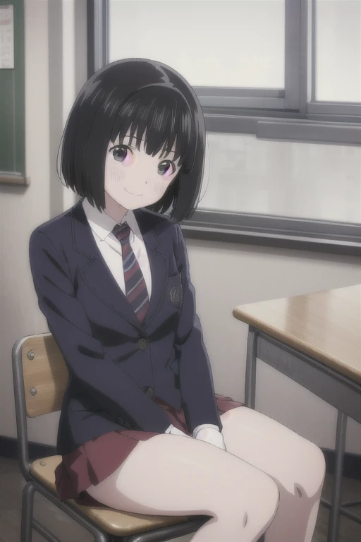 Alone,  1 girl,  Viewers, 2D, Anime, Anime coloring, whole body, (classroom:1.3), Kogma, Navy blazer, tie,  miniskirt that snaps around the knee、 sit on a chair:1.3、smile