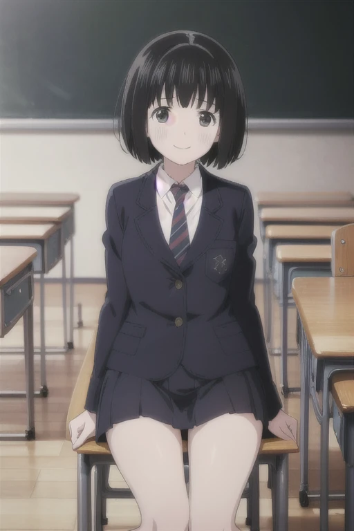 Alone,  1 girl,  Viewers, 2D, Anime, Anime coloring, whole body, (classroom:1.3), Kogma, Navy blazer, tie,  miniskirt that snaps around the knee、 sit on a chair:1.3、smile