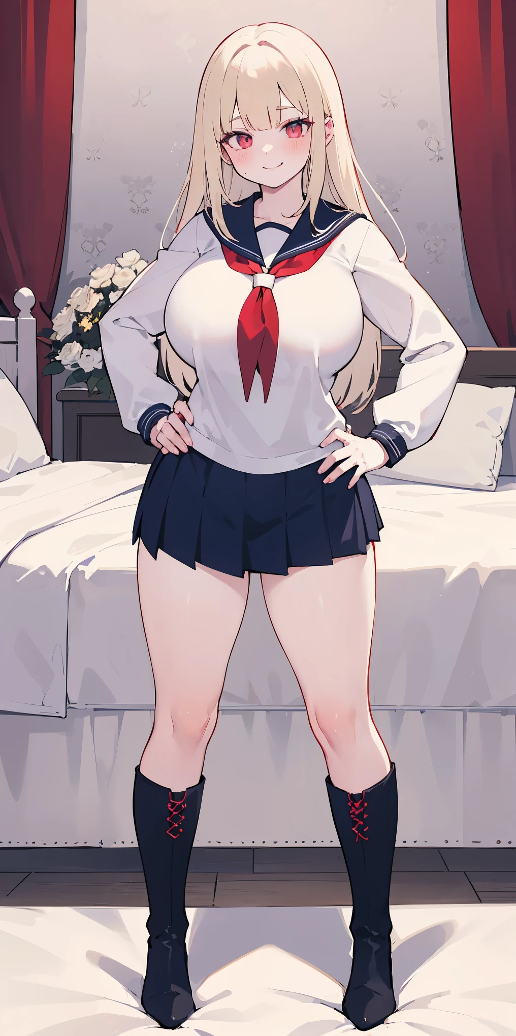 woman bodybuilder with very large calves very beautiful resemblance sailor uniform, full body standing symmetrical lustful smirking smile face (red blush), martial art, bouquet of flowers holding, full body toe to head, feet together, high boots, big breast, paladin warrior knight, hands on hips. red tattoo on belly, bedroom background, royal bedroom,
