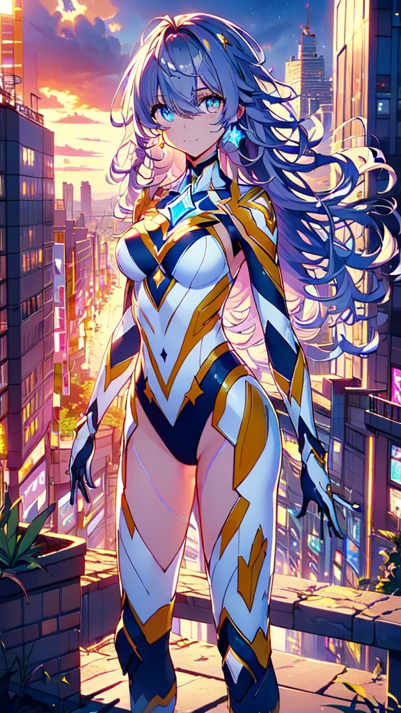 ((full body)), (Hair on one eye:1.5), smile,Trigger，magical girl, white and yellow geometric pattern, tight leotard, skin tight, blue gem on chest, fighting stance，
break gloves,  bare shoulders,  evening dress , armor, black armor,
break outdoors, desert, null, sun, cloud,
break looking at viewer, ( cowboy shooting:1.5),
break (masterpiece:1.2),  best quality,  Hi-Res,  Unity 8K Wallpaper, (Illustration:0.8), ( beautiful detailed eyes :1.6),  Extremely Detailed Faces,  full light,  extremely detailed CG, (Perfect hands, perfect anatomy),