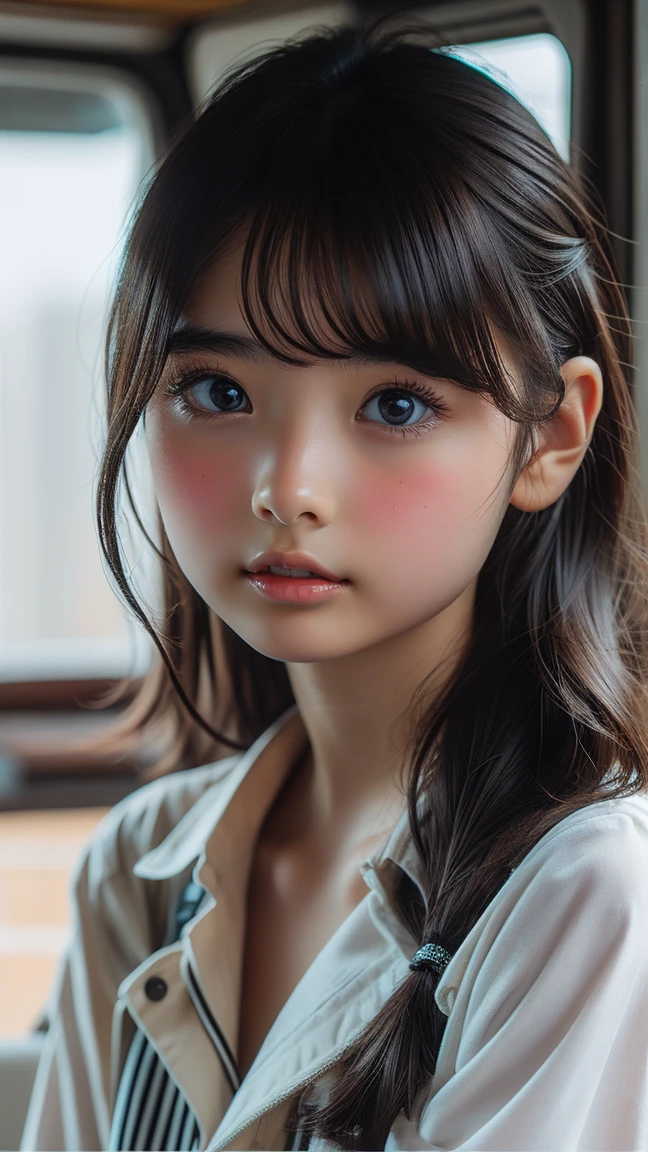 Ultra High Resolution, (Realistic: 1.4), RAW Photo, Best Quality, (Photorealistic), Focus, Soft Light, ((10 years old)), ((Japanese)), (Front, Young Face))), (Depth of Field), (One Piece), Masterpiece, (Photoreal), Woman, Bangs, (( off-the-shoulder top, Bedroom, 1 Girl))