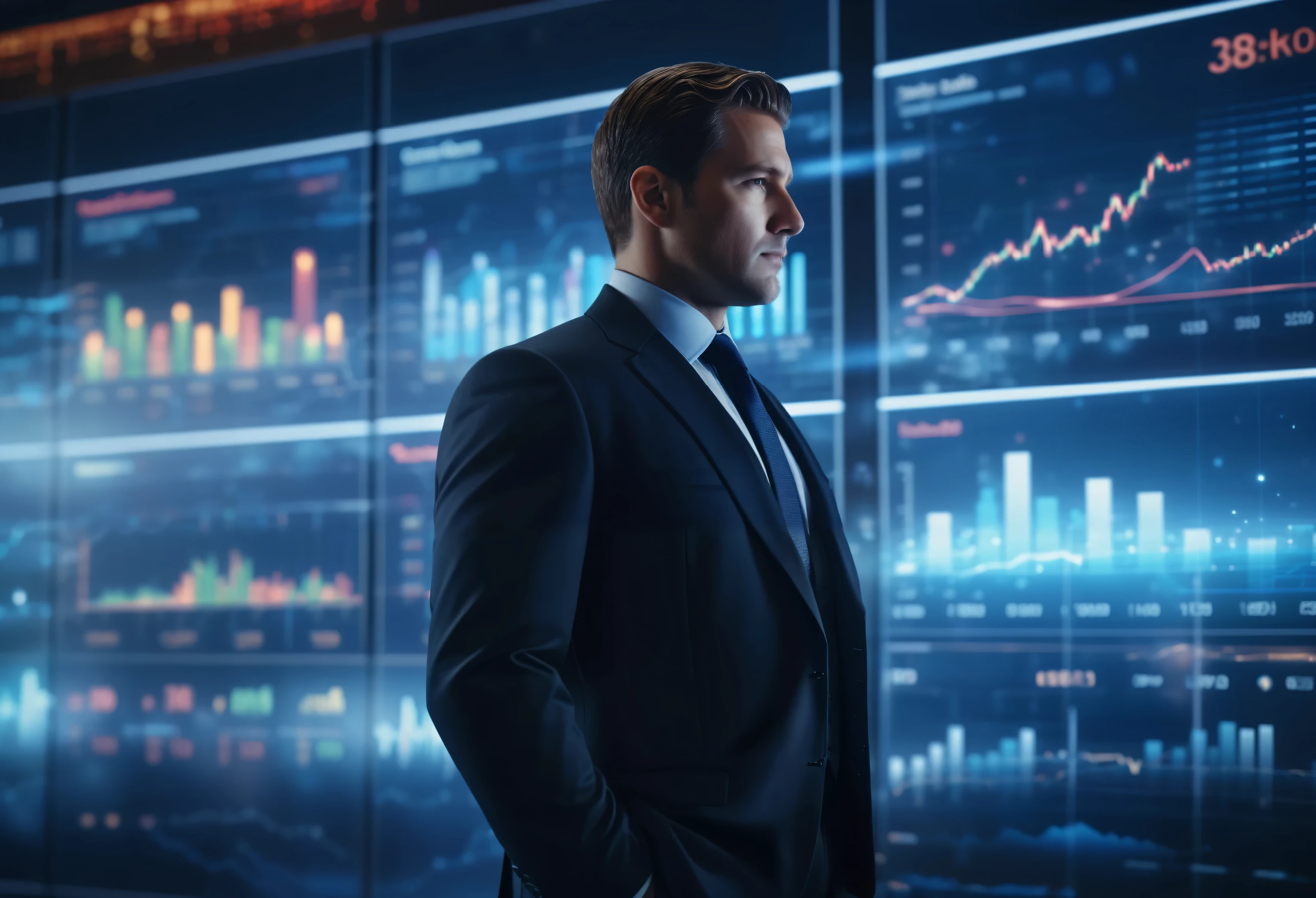 A businessman in a tailored dark suit, stands confidently against a backdrop of glowing financial data charts and graphs, 8k, photorealistic, highly detailed, cinematic lighting, dramatic composition, masterpiece, ultra-detailed, sharp focus, physically-based rendering, professional,highly detailed, high budget, bokeh, cinemascope, moody, epic, gorgeous,j_background