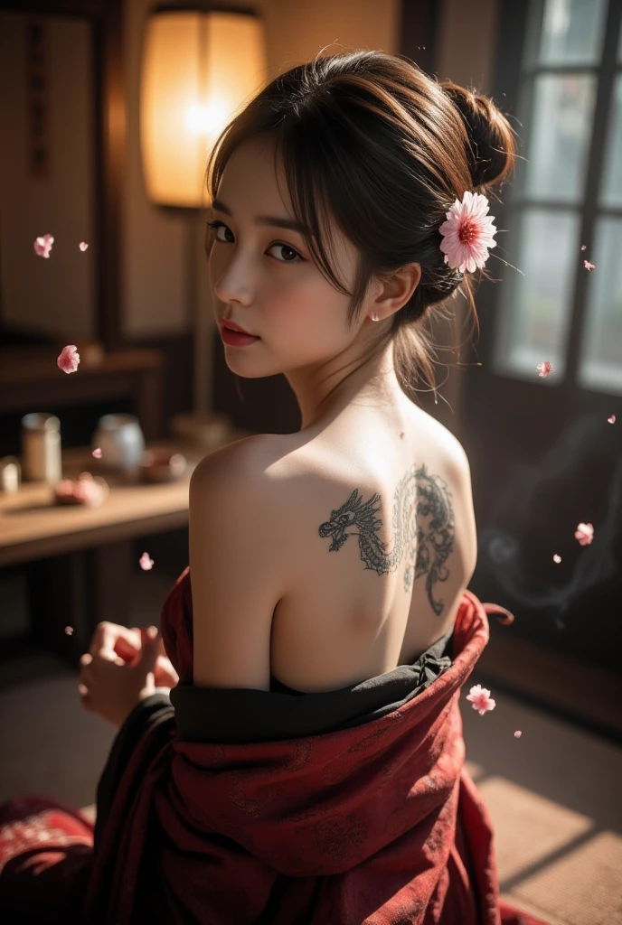 8K Ultra HD, Digital SLR,Film Grain, Fujifilm XT3,(Highest quality:1.3), (masterpiece:1.1), High resolution, Cinematic Light, Intricate details, (Realistic) (Night view) Realistic backlight、Dramatic reddish light、Beautiful Japanese Geisha full body photo, ((Facial texture Pore details)), Grin、Devilish smile, Simple messy hairstyle, She wears a black satin kimono decorated with traditional dragon motifs.., Open shoulders, Colorful dragon tattoos all over the body, Has a long blade, Long-bladed Japan sword in hand,Inside a traditional villa, 8k, Front blur