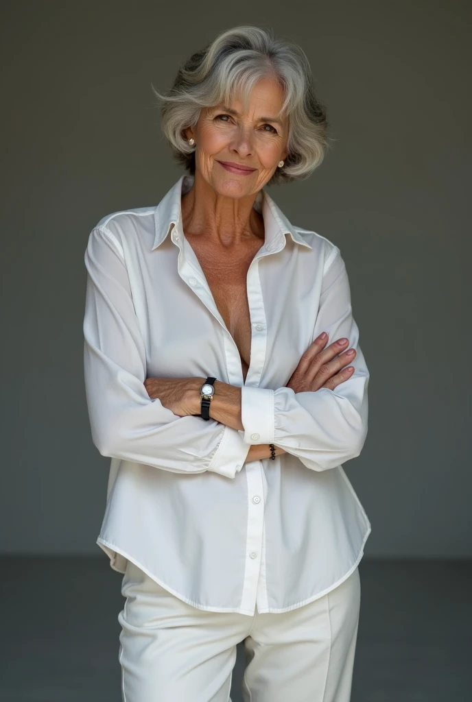 an old grandmother with full body and white hair on her back with a white background
