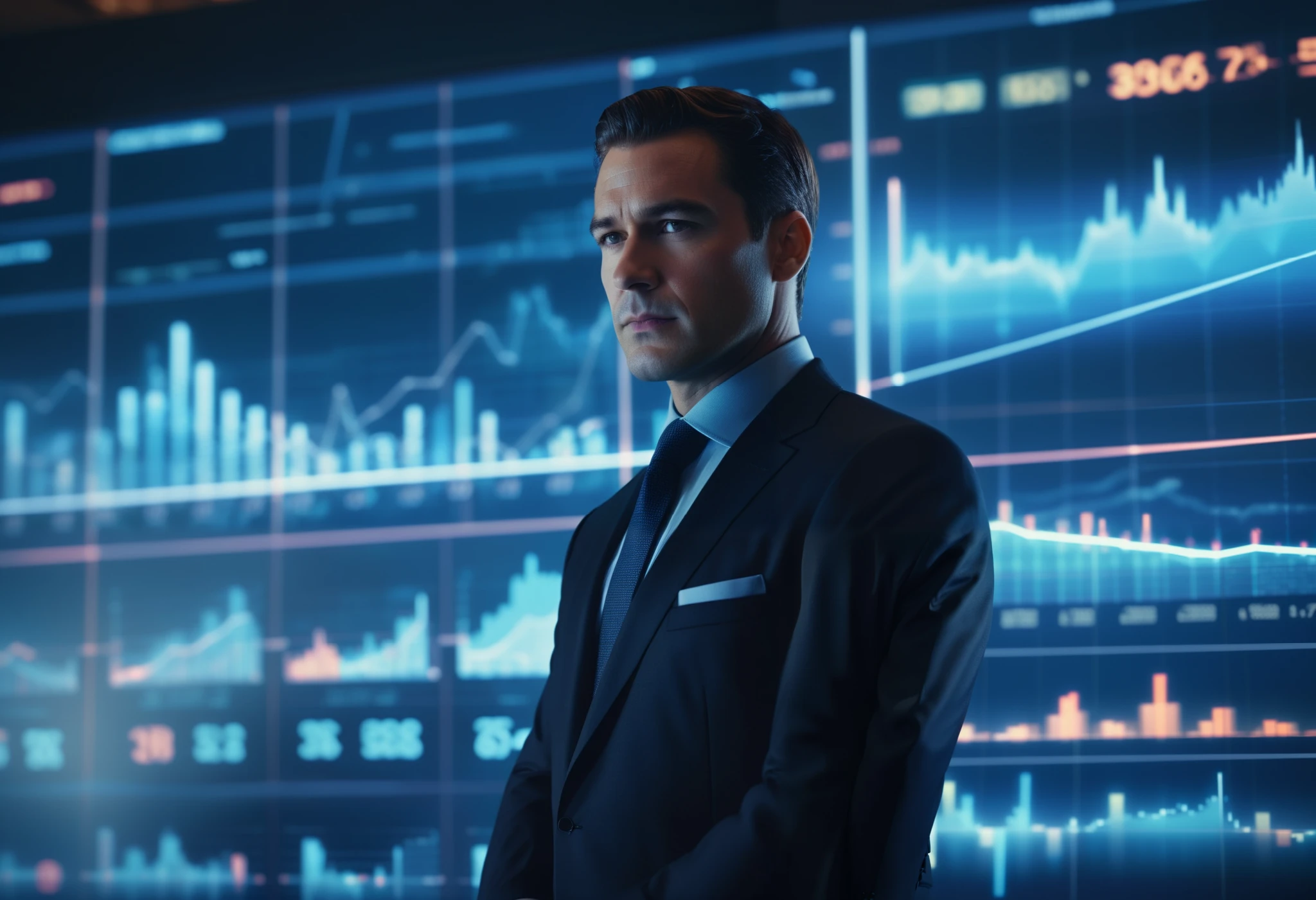 A businessman in a tailored dark suit, stands confidently against a backdrop of glowing financial data charts and graphs, 8k, photorealistic, highly detailed, cinematic lighting, dramatic composition, masterpiece, ultra-detailed, sharp focus, physically-based rendering, professional,highly detailed, high budget, bokeh, cinemascope, moody, epic, gorgeous,j_background