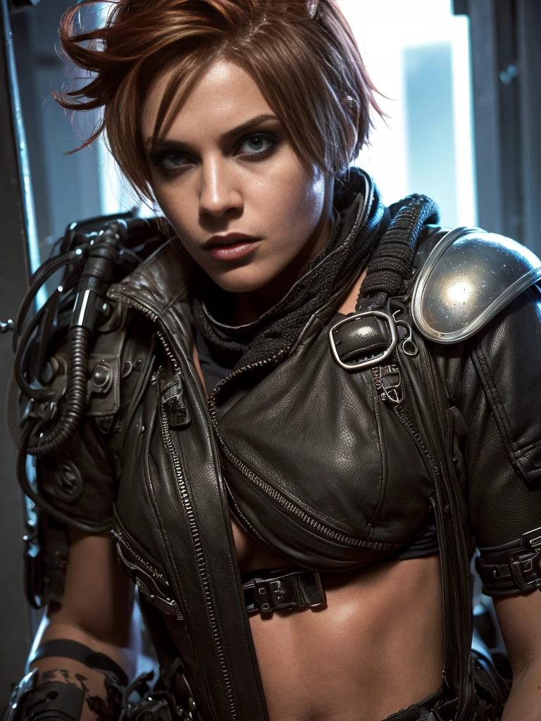 Upper body portrait ****ung woman ,science fiction, complex background  punk, mad max , futuristic, post-apocalyptic, dark, dim light, ((masterpiece, best quality, )), april.hunter,dynamic provocative pose