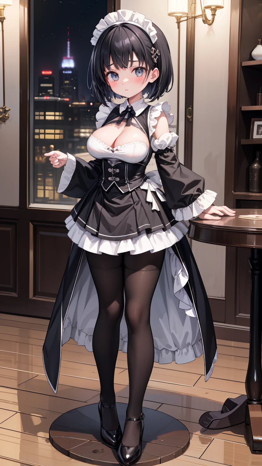 high quality、High image quality、detailed picture 、One Girl、positive、Standing posture、Full body portrait、Black Hair、Medium haircut、blush、Absolute area、Black knee-high socks、Knee-length、stockings、Black Pantyhose、 maid clothes, mini skirt、Japanese lady、the pleasure district of the night、night、(Very large breasts)、Cleavage、open chest shirt、((Lesbians around the world))、masterpiece、 coffee shop、Cafe、table、chair、(highest quality)、pussy、Black high heels、 expose my chest、 Bare Breasts、Nipples