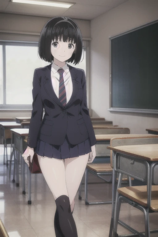 Alone,  1 girl,  Viewers, 2D, Anime, Anime coloring, whole body, (classroom:1.3), Kogma, Navy blazer, tie,  miniskirt that snaps around the knee、Backwards、look back、smile