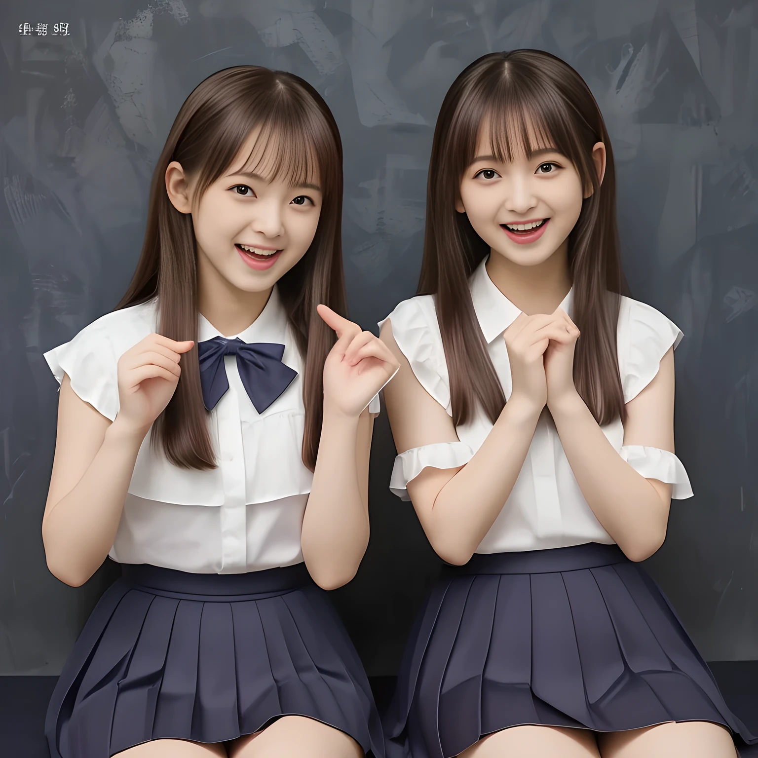 (Highest quality, masterpiece:1.2), Highest quality, High resolution, 1080P, 8k, height: 158cm, (Two **** Japanese beautiful girl idols are seated and giving subliminal invitation and temptation, cute skirt with beautiful knees, looking at the viewer, can't stop showing cute smile open mouth because of feeling too funny about the viewer, very white-white face, very proud of her long straight black hair, using face-whitening cosmetics, **** girl's eyes, opened laughing giggling most open mouth, too expensive luxurious glossy too-much-girly erotic frilled ivory silk blouse, polyester dark-navy school-skirt and bewitching ribbon on the breast, well-straitened super-super-long well-trimmed long hair, evenly neatly trimmed girly cute bangs: 1.5), (white thighs and knees: 1.7), (Well-balanced, impressive, lovely, drooping, double-eyelids, black shining large prominent eyes of **** idol with detailed: 1.5), ((Beautiful well-figured glossy opened laughing lips: 1.2)), (mature breast), (The viewer can't stop madly kissing them because of her beauty and subliminal strong invitation), (Very beautiful, super-glossy, cute neat black amazingly long hair, straight well-done long hair-style: 1.3), (plain blue background: 1.6), (Best style like a **** fashion model, mature breast), (((Completely balanced beautiful big big eyes, looking at me))), (eyes, face and hair are especially beautifully detailed and beautifully drawn: 1.5),  (The soft white light clearly shows her face extremely white: 1.2), (Feel too luxurious and expensive), (School uniform, too-cute slender **** super-long-hair Japanese beautiful-young-girl idol twins are laughing and licking the other's hand each other with super-wide open open laughing mouth like eating the viewer, everything is girly, neat and too beautiful: 1.6), (Super long hair **** super-cute idol of pure idol magazine's cover in 2003 in Japan: 2.1)