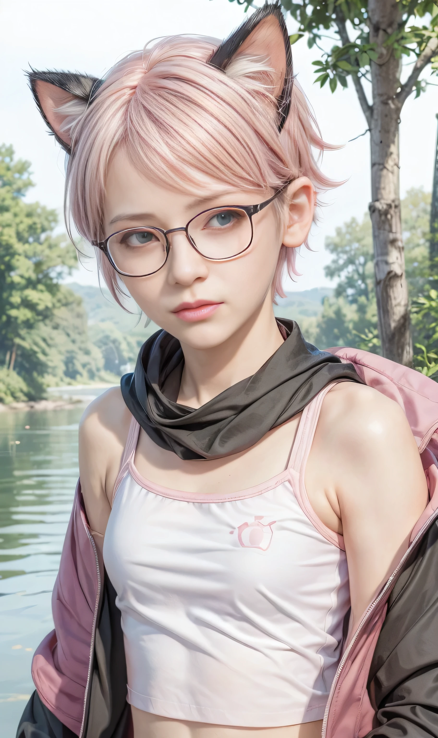 masterpiece, best quality, (realistic,photo-realistic:1.4), (RAW photo:1.2), extremely detailed CG unity 8k wallpaper, delicate and beautiful, amazing,finely detail, official art, absurdres, incredibly absurdres, huge filesize, ultra-detailed,extremely detailed eyes and face,light on face,sarada,(little smile:1.2),(pink hair:1.4),(very short hair:1.4),nature,sarada uchiha ,(wearing black framed glasses:1.5),(wearing t-sirt:1.5),forest,lake,green eyes,(cat ears:1.4),green scarf