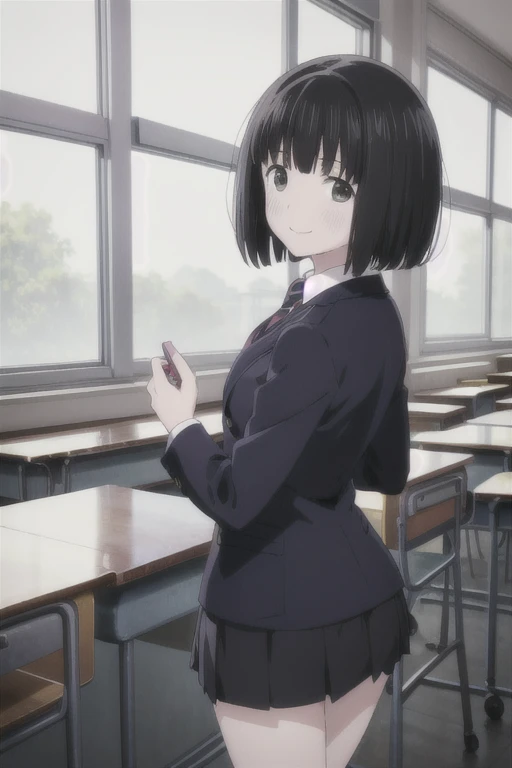 Alone,  1 girl,  Viewers, 2D, Anime, Anime coloring,  black hair、whole body, (classroom:1.3), Kogma, Navy blazer, tie,  miniskirt that snaps around the knee、Backwards、look back、smile