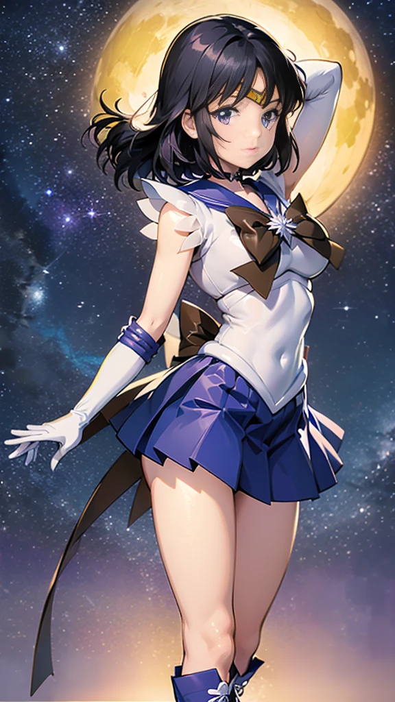 (whole body)， Hi-Res，Detailed explanation， best quality，( sailor warrior uniform that wears elbows), sailor Saturn， black hair，Cosmos， leotard ， high leg，Purple Skirt， knee-high boots， elbow handbag ， thick thighs ， skirt boosts short ,スカートの下に白色の leotard が見える，Skirt blown away by the wind ，Unprotected groin，， shy expression ， open your mouth，