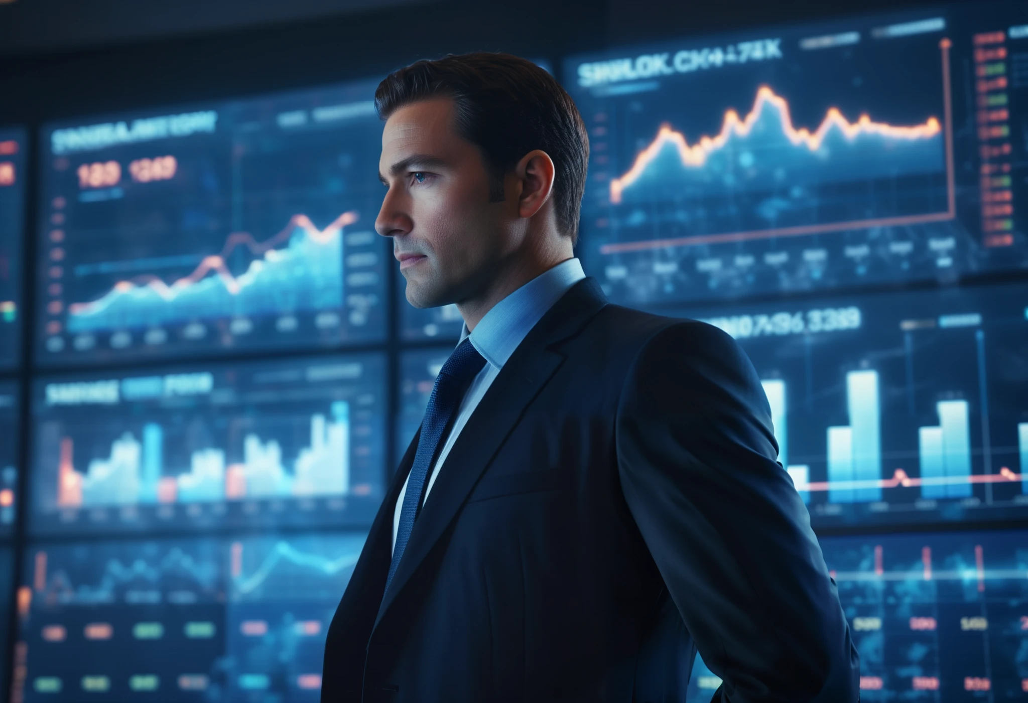 A businessman in a tailored dark suit, stands confidently against a backdrop of glowing financial data charts and tech graphs, 8k, photorealistic, highly detailed,dramatic composition, masterpiece, ultra-detailed, sharp focus, physically-based rendering, professional,highly detailed, high budget, bokeh, cinemascope, moody, epic, gorgeous,j_background