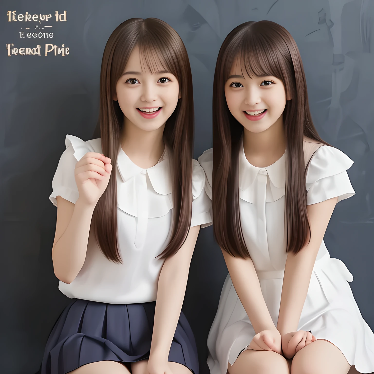 (Highest quality, masterpiece:1.2), Highest quality, High resolution, 1080P, 8k, height: 158cm, (Two **** Japanese beautiful girl idols are seated and giving subliminal invitation and temptation, cute skirt with beautiful knees, looking at the viewer, can't stop showing cute smile open mouth because of feeling too funny about the viewer, very white-white face, very proud of her long straight black hair, using face-whitening cosmetics, **** girl's eyes, opened laughing giggling most open mouth, too expensive luxurious glossy too-much-girly erotic frilled ivory silk blouse, polyester dark-navy school-skirt and bewitching ribbon on the breast, well-straitened super-super-long well-trimmed long hair, evenly neatly trimmed girly cute bangs: 1.5), (white thighs and knees: 1.7), (Well-balanced, impressive, lovely, drooping, double-eyelids, black shining large prominent eyes of **** idol with detailed: 1.5), ((Beautiful well-figured glossy opened laughing lips: 1.2)), (mature breast), (The viewer can't stop madly kissing them because of her beauty and subliminal strong invitation), (Very beautiful, super-glossy, cute neat black amazingly long hair, straight well-done long hair-style: 1.3), (plain blue background: 1.6), (Best style like a **** fashion model, mature breast), (((Completely balanced beautiful big big eyes, looking at me))), (eyes, face and hair are especially beautifully detailed and beautifully drawn: 1.5),  (The soft white light clearly shows her face extremely white: 1.2), (Feel too luxurious and expensive), (School uniform, too-cute slender **** super-long-hair Japanese beautiful-young-girl idol twins are laughing and licking the other's hand each other with super-wide open open laughing mouth like eating the viewer, everything is girly, neat and too beautiful: 1.6), (Super long hair **** super-cute idol of pure idol magazine's cover in 2003 in Japan: 2.1)